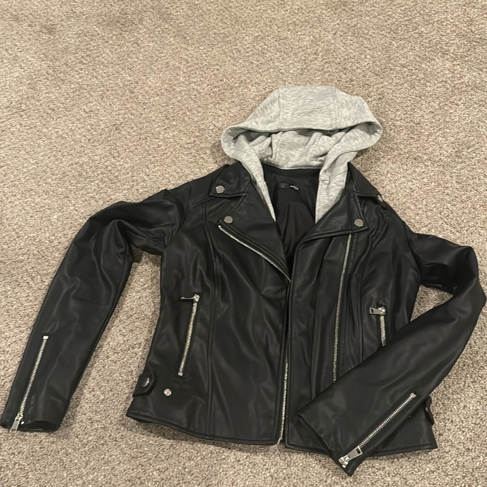 Black faux leather jacket with detachable hood